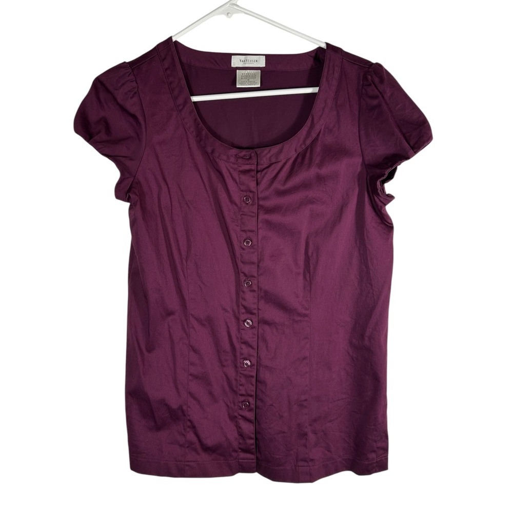 Van Heusen Womens Plum Purple Button Front Puff Cap Sleeve Blouse Size M Stretch